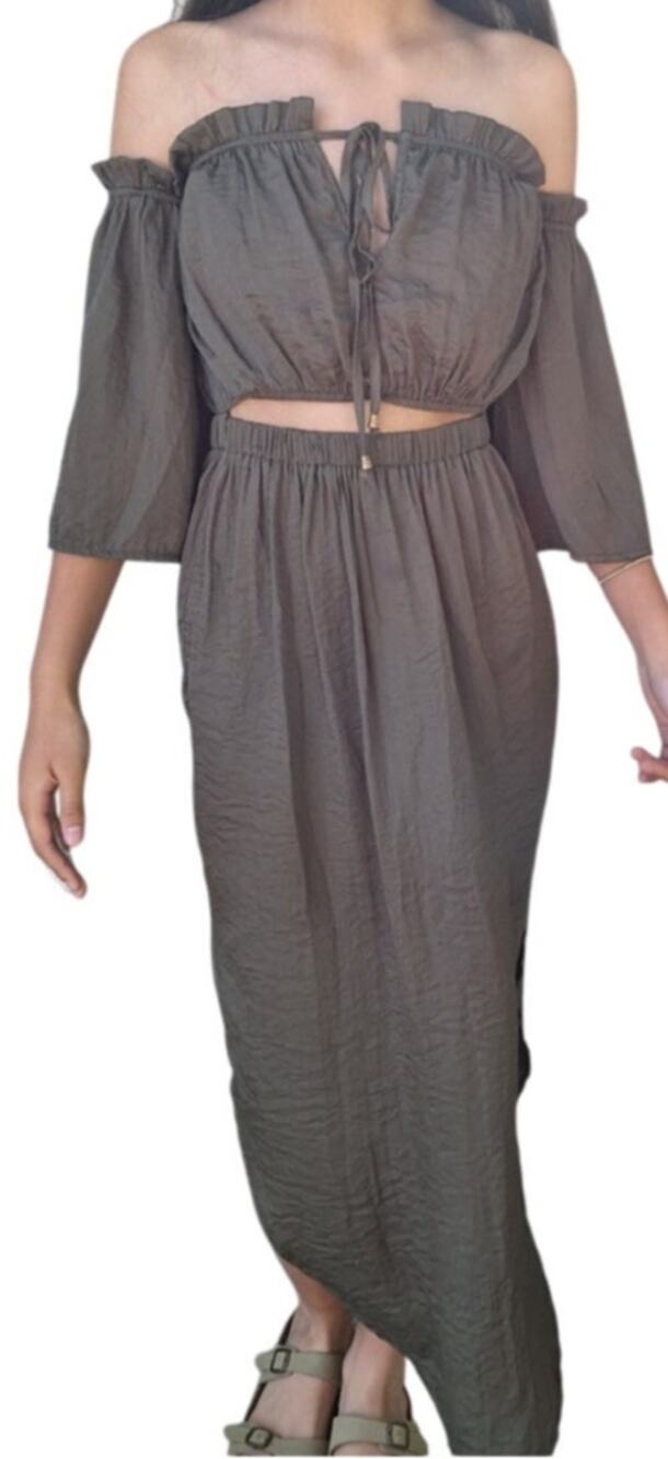 L'ATISTE Cutout Off Shoulder Short Sleeves 2 Side Slit Midi Dress Olive Green S